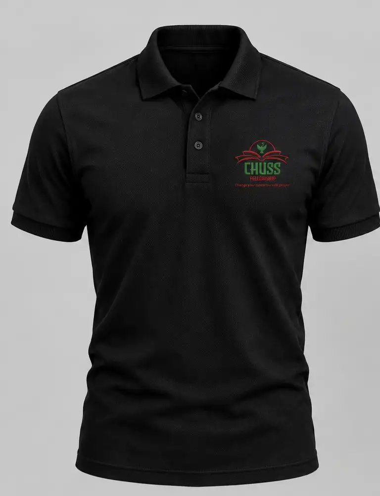 Black CHUSS Fellowship collared polo with logo on the right chest