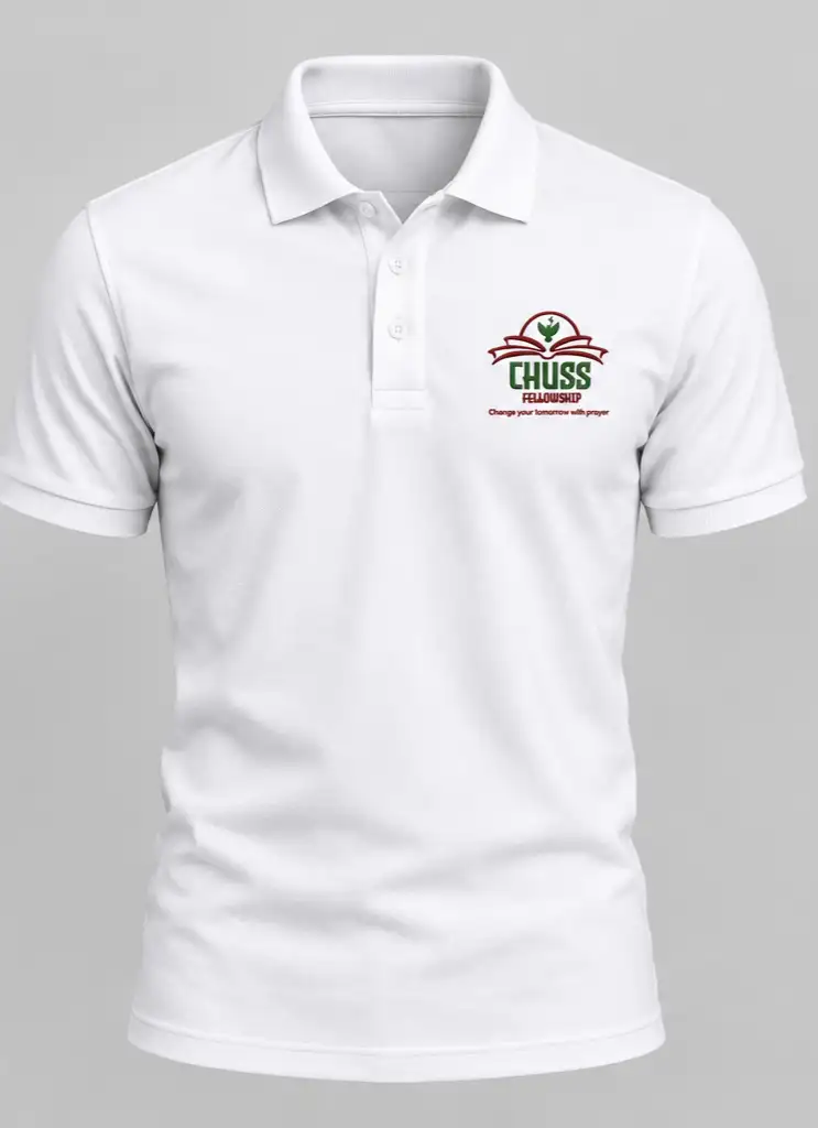 White CHUSS Fellowship collared polo with logo on the right chest